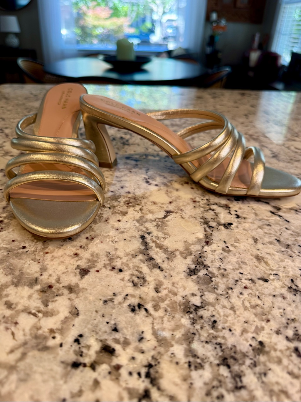 Cole Haan Adella Gold Metallic Leather Open Toe Mule Slide Sandal.